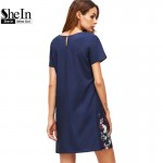 SheIn Summer Dresses Casual Womens Boho Dresses New Arrival 2017 Royal Blue Aztec Print Short Sleeve Floral Shift Dress