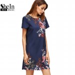 SheIn Summer Dresses Casual Womens Boho Dresses New Arrival 2017 Royal Blue Aztec Print Short Sleeve Floral Shift Dress