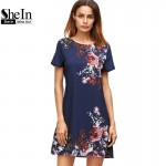 SheIn Summer Dresses Casual Womens Boho Dresses New Arrival 2017 Royal Blue Aztec Print Short Sleeve Floral Shift Dress