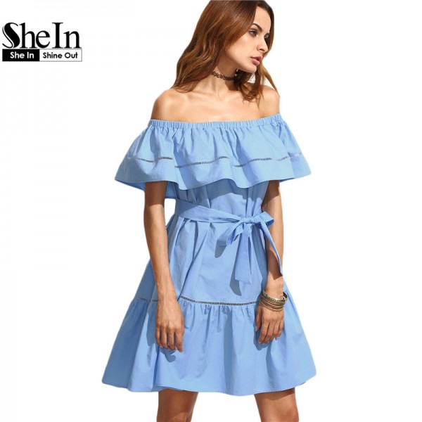 SheIn Summer Dresses For Women Clothing 2016 Blue Tie Waist Hollow Insert Ruffle Short Sleeve Off The Shoulder Dress