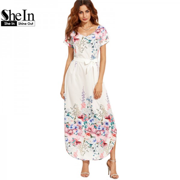 SheIn Summer Floral Long Dresses For Woman Boho White Flower Print V Neck Short Sleeve Belted Side Slit A Line Maxi Dress