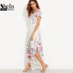 SheIn Summer Floral Long Dresses For Woman Boho White Flower Print V Neck Short Sleeve Belted Side Slit A Line Maxi Dress