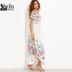 SheIn Summer Floral Long Dresses For Woman Boho White Flower Print V Neck Short Sleeve Belted Side Slit A Line Maxi Dress