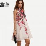 SheIn Summer Short Dresses Casual Womens New Arrival Multicolor Round Neck Floral Cut Out Sleeveless Shift Dress