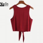 SheIn Summer Style Tank Top For Ladies Casual Tops Woman Plain Round Neck Sleeveless Tie Front Ribbed Crop Tank Top