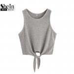 SheIn Summer Style Tank Top For Ladies Casual Tops Woman Plain Round Neck Sleeveless Tie Front Ribbed Crop Tank Top