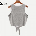 SheIn Summer Style Tank Top For Ladies Casual Tops Woman Plain Round Neck Sleeveless Tie Front Ribbed Crop Tank Top