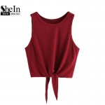 SheIn Summer Style Tank Top For Ladies Casual Tops Woman Plain Round Neck Sleeveless Tie Front Ribbed Crop Tank Top