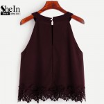 SheIn Summer Style Women Tops Fashion Camisoles For Woman Plain Burgundy Crochet Trim Hollow Chiffon Halter Neck Top