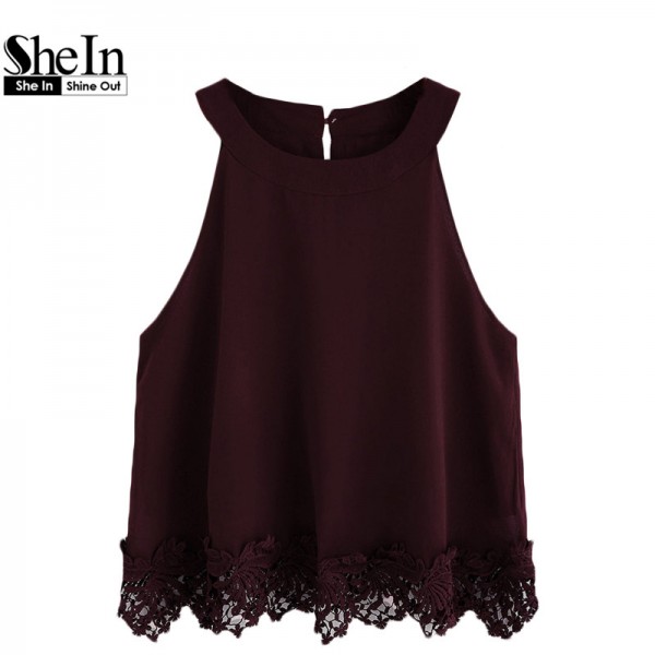 SheIn Summer Style Women Tops Fashion Camisoles For Woman Plain Burgundy Crochet Trim Hollow Chiffon Halter Neck Top