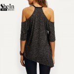 SheIn Summer Woman Fashion Tops Ladies Tee Shirts Casual Half Sleeve Cold Shoulder Black Crew Neck Asymmetric Hem T-shirt