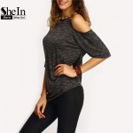 SheIn Summer Woman Fashion Tops Ladies Tee Shirts Casual Half Sleeve Cold Shoulder Black Crew Neck Asymmetric Hem T-shirt