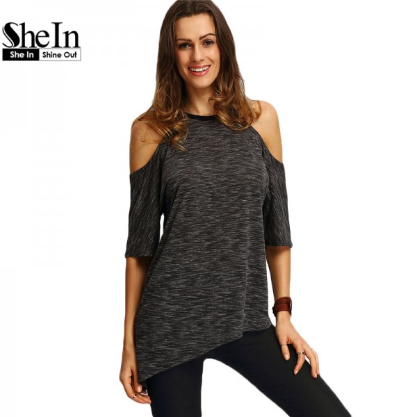 SheIn Summer Woman Fashion Tops Ladies Tee Shirts Casual Half Sleeve Cold Shoulder Black Crew Neck Asymmetric Hem T-shirt