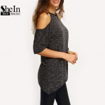 SheIn Summer Woman Fashion Tops Ladies Tee Shirts Casual Half Sleeve Cold Shoulder Black Crew Neck Asymmetric Hem T-shirt