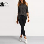 SheIn Summer Woman Fashion Tops Ladies Tee Shirts Casual Half Sleeve Cold Shoulder Black Crew Neck Asymmetric Hem T-shirt