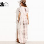 SheIn Summer Women Dresses 2017 Tie Dye Print Side Split Loose Long Dress Curved Hem V Neck Short Sleeve Maxi Dress