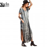 SheIn Summer Women Dresses 2017 Tie Dye Print Side Split Loose Long Dress Curved Hem V Neck Short Sleeve Maxi Dress