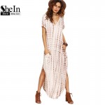 SheIn Summer Women Dresses 2017 Tie Dye Print Side Split Loose Long Dress Curved Hem V Neck Short Sleeve Maxi Dress