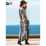 SheIn Summer Women Dresses 2017 Tie Dye Print Side Split Loose Long Dress Curved Hem V Neck Short Sleeve Maxi Dress