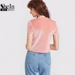 SheIn Velvet Top Casual Women Tee Shirts Summer Ladies Pink Letter Embroidered Crew Neck Short Sleeve Velvet T-shirt