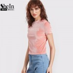 SheIn Velvet Top Casual Women Tee Shirts Summer Ladies Pink Letter Embroidered Crew Neck Short Sleeve Velvet T-shirt