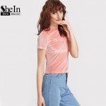 SheIn Velvet Top Casual Women Tee Shirts Summer Ladies Pink Letter Embroidered Crew Neck Short Sleeve Velvet T-shirt