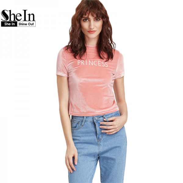 SheIn Velvet Top Casual Women Tee Shirts Summer Ladies Pink Letter Embroidered Crew Neck Short Sleeve Velvet T-shirt