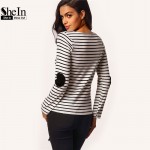 SheIn Woman Loose Tops 2016 New Tees Long Sleeve Black and White Elbow Patch Striped Tee Shirt Basic Cheap T-Shirt