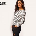 SheIn Woman Loose Tops 2016 New Tees Long Sleeve Black and White Elbow Patch Striped Tee Shirt Basic Cheap T-Shirt