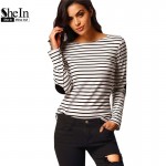 SheIn Woman Loose Tops 2016 New Tees Long Sleeve Black and White Elbow Patch Striped Tee Shirt Basic Cheap T-Shirt