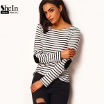 SheIn Woman Loose Tops 2016 New Tees Long Sleeve Black and White Elbow Patch Striped Tee Shirt Basic Cheap T-Shirt