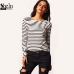 SheIn Woman Loose Tops 2016 New Tees Long Sleeve Black and White Elbow Patch Striped Tee Shirt Basic Cheap T-Shirt