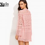 SheIn Woman Summer New Style Boho Dresses Ladies Pink Crochet Pom-pom Trim Round Neck Long Sleeve Casual Dress