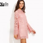 SheIn Woman Summer New Style Boho Dresses Ladies Pink Crochet Pom-pom Trim Round Neck Long Sleeve Casual Dress