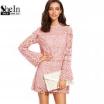 SheIn Woman Summer New Style Boho Dresses Ladies Pink Crochet Pom-pom Trim Round Neck Long Sleeve Casual Dress