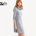 SheIn Women Autumn Dress Long Sleeve Womens Clothing Fall 2016 T shirt Dress Grey Marled Knit Cowl Neck A Line Basic Dress