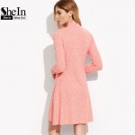 SheIn Women Autumn Dresses Pink Long Sleeve Dress Ladies Fall 2016 Ribbed Funnel Neck Casual Elegant Short Dress