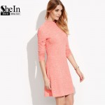 SheIn Women Autumn Dresses Pink Long Sleeve Dress Ladies Fall 2016 Ribbed Funnel Neck Casual Elegant Short Dress