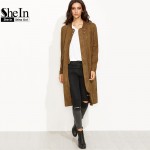 SheIn Women Basic Coats Crew Neck Outwear Winter Coat Women Coffee Faux Suede Zip Up Longline Bomber Knee Length Jacket Coat