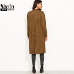 SheIn Women Basic Coats Crew Neck Outwear Winter Coat Women Coffee Faux Suede Zip Up Longline Bomber Knee Length Jacket Coat