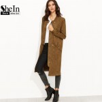 SheIn Women Basic Coats Crew Neck Outwear Winter Coat Women Coffee Faux Suede Zip Up Longline Bomber Knee Length Jacket Coat