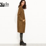 SheIn Women Basic Coats Crew Neck Outwear Winter Coat Women Coffee Faux Suede Zip Up Longline Bomber Knee Length Jacket Coat