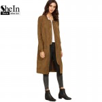 SheIn Women Basic Coats Crew Neck Outwear Winter Coat Women Coffee Faux Suede Zip Up Longline Bomber Knee Length Jacket Coat