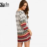 SheIn Women Bohemian Dress Summer Casual Long Sleeve Split Tie Neck Lacing Tribal Print Vintage Straight Short Dresses