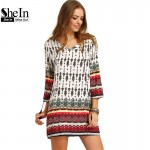 SheIn Women Bohemian Dress Summer Casual Long Sleeve Split Tie Neck Lacing Tribal Print Vintage Straight Short Dresses