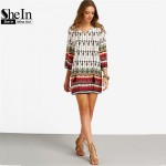 SheIn Women Bohemian Dress Summer Casual Long Sleeve Split Tie Neck Lacing Tribal Print Vintage Straight Short Dresses