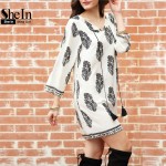 SheIn Women Bohemian Dress Summer Casual Long Sleeve Split Tie Neck Lacing Tribal Print Vintage Straight Short Dresses