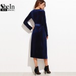 SheIn Women Business Casual Clothing Royal Blue Party Dresses Navy Surplice Front Velvet Wrap Long Sleeve A Line Dress