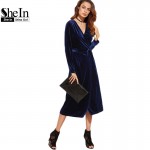 SheIn Women Business Casual Clothing Royal Blue Party Dresses Navy Surplice Front Velvet Wrap Long Sleeve A Line Dress