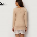 SheIn Women Fashion Mini Dresses Elegant Ladies Long Sleeve Round Neck Contrast Lace Embroidered Flounce Shift Dress